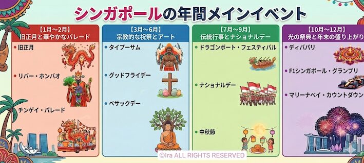 シンガポールの一年と年間メイン行事とイベントのイラストつきリスト