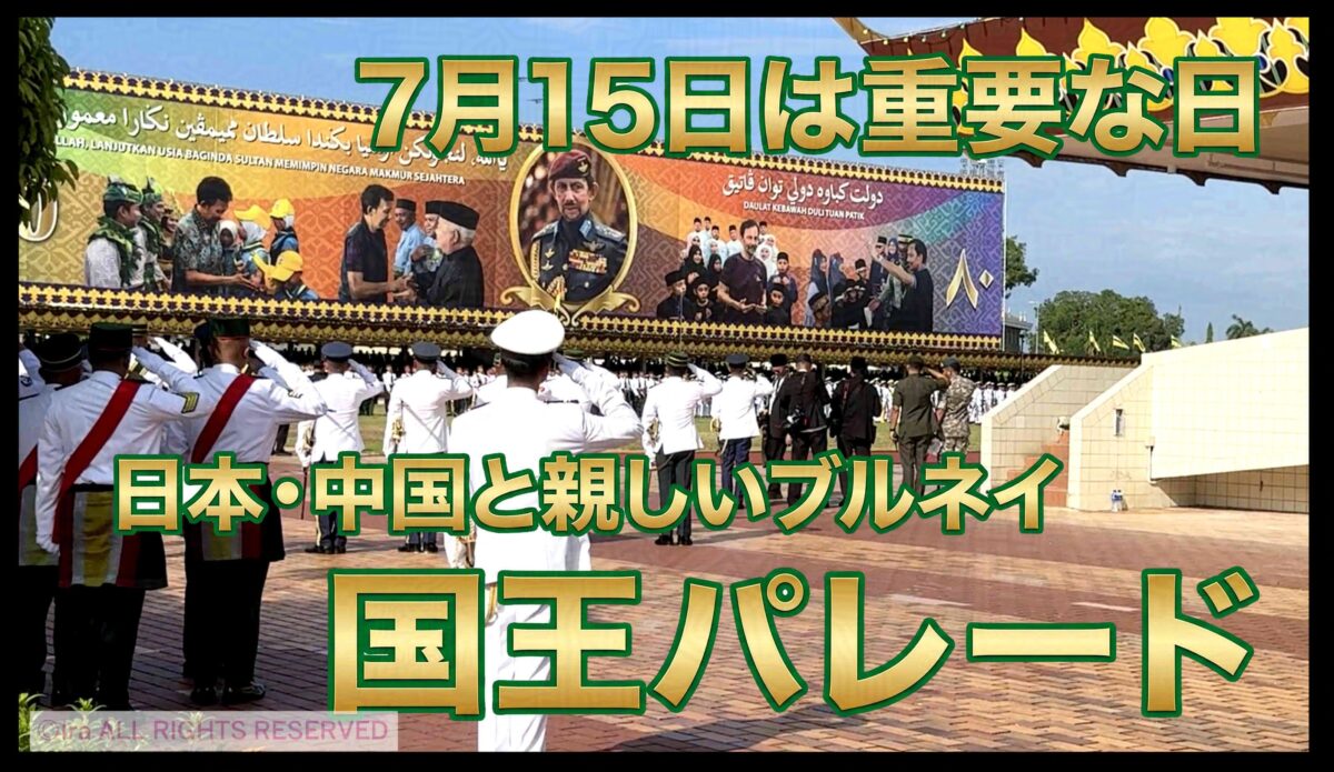 ブルネイ国王パレード。ブルネイ軍用機と敬礼する軍人たちの写真