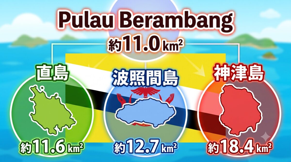 Pulau Berambangと直島、波照間島、神津島との面積比較イラスト