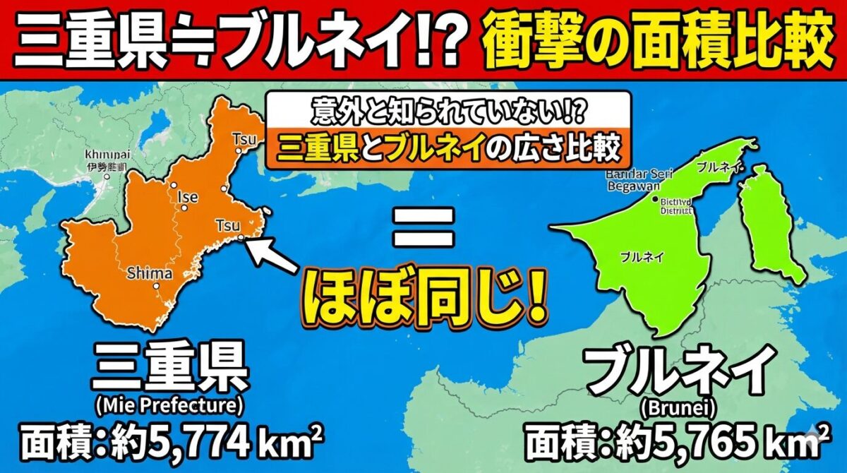 三重県≒ブルネイのボルネオ島比較のイラスト