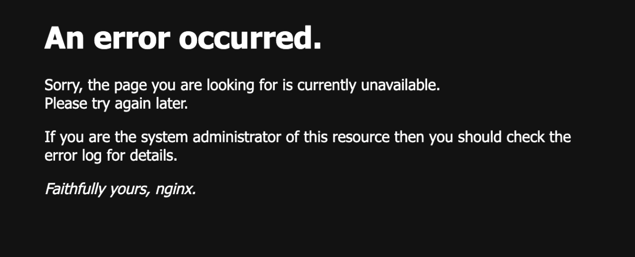 301 redirect が未完了の際に表示されるエラー画面のスクショ。「Sorry, the page you are looking for is currently unavailable.」